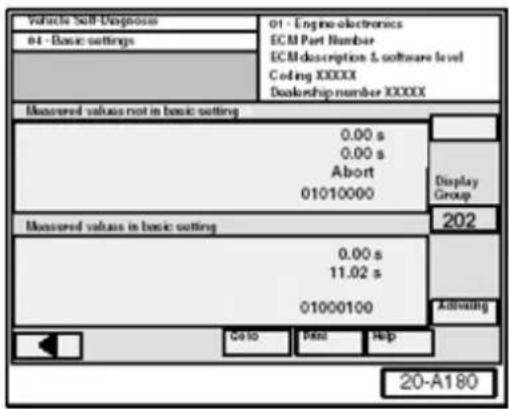 Vehicle Self-Diagnoses 01 - Engine electronics ECM Part Number ECM description & software level Coding XXXXX Dealership number XXXXX Measured values not in basic setting 0.00 s 0.00 s Abort 010/10000 Measured values in basic setting 0.00 s 11.02 s 01000100 Display Group 202 Actuating Colo Print Help 20-A180