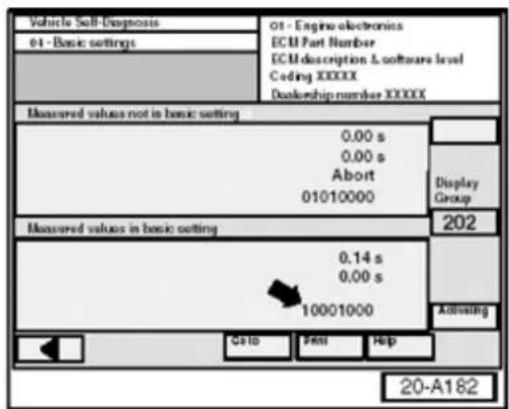 Vehicle Self-Diagnosis 01 - Engine electronics ECM Part Number ECM description & software level Coding XXXXX Doublership number XXXXX Measured values not in basic setting 0.00 s 0.00 s Abort 01010000 Measured values in basic setting 0.14 s 0.00 s 10001000 Display Group 202 Activating Cato Print Help 20-A182