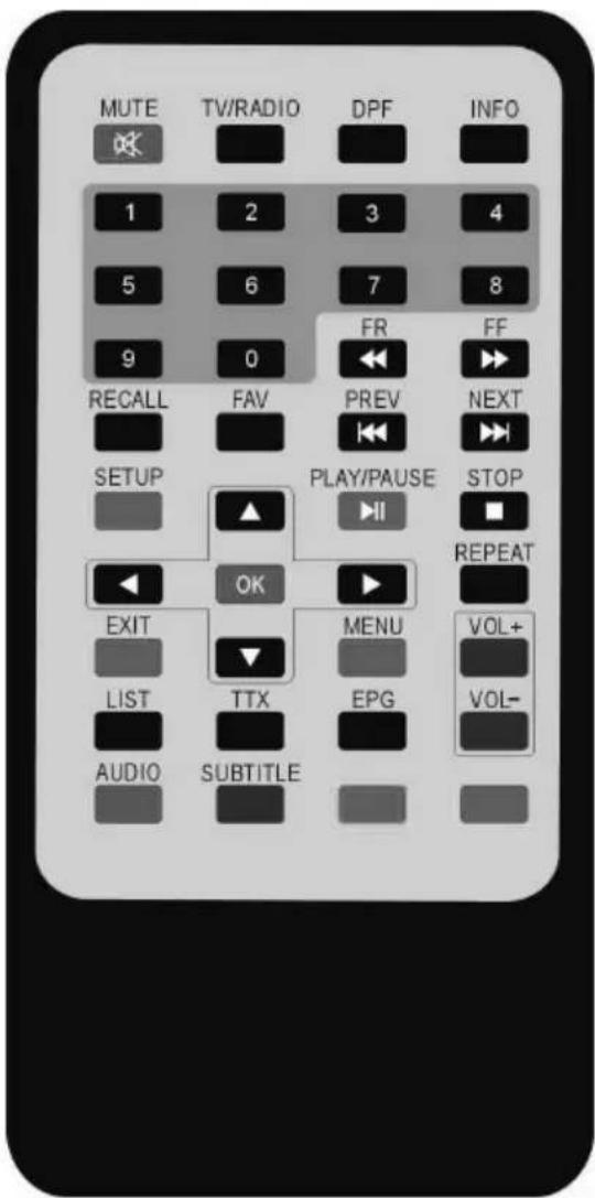MUTE TV/RADIO DPF INFO 1 2 3 4 5 6 7 8 9 0 FR FF RECALL FAV PREV NEXT SETUP PLAY/PAUSE STOP REPEAT OK EXIT MENU VOL+ LIST TTX EPG VOL- AUDIO SUBTITLE