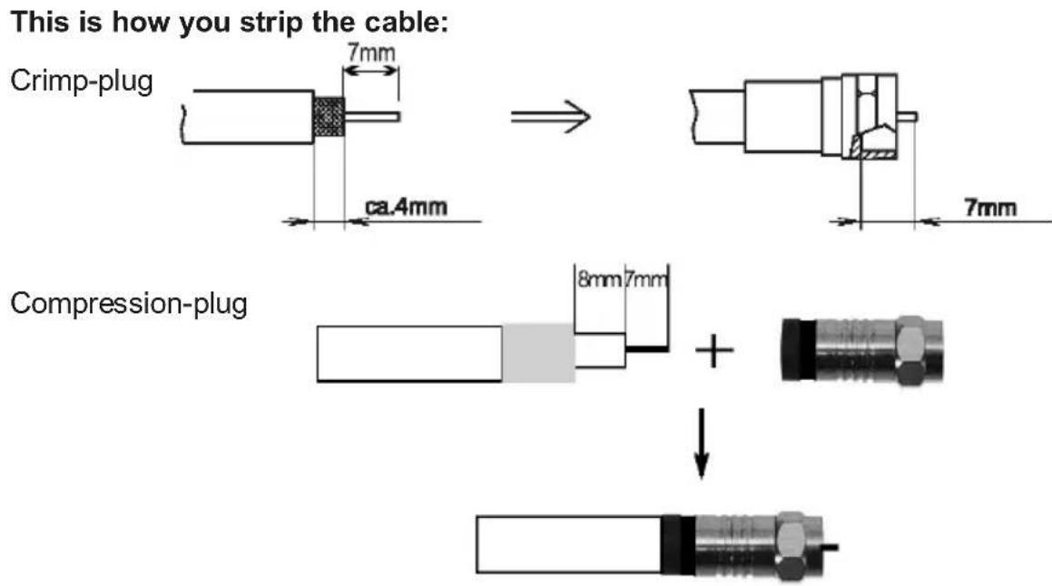 This is how you strip the cable: Crimp-plug 7mm ca.4mm Compression-plug 8mm 7mm + - 7mm