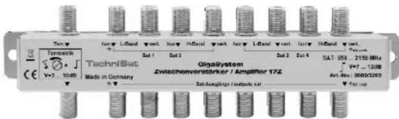 Torr Termesirk TechniSat V=5 ... 10dB Made in Dennyry Jahr L-Brand vort. jahr H-Brand vort. jahr L-Brand vort. jahr H-Brand vort. Sut 1 Sut 3 Sut 2 Sut 4 GigaSystem Zweichenverstärker / Amplifier 17Z Sat.Augings / output.cat SAT: 958 ... 2150 MHz V=7 ... 13000 Art-No: 06033263 Pir.csd