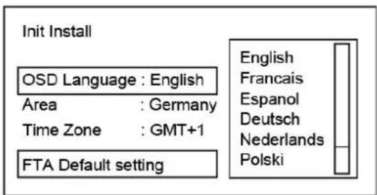 Init Install OSD Language : English Area : Germany Time Zone : GMT+1 FTA Default setting English Francais Espanol Deutsch Nederlands Polski