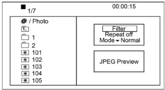 1/7 00:00:15 ● / Photo 1 2 101 102 103 104 105 Filter Repeat off Mode▼ Normal JPEG Preview