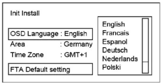 Init Install OSD Language : English Area : Germany Time Zone : GMT+1 FTA Default setting English Francais Espanol Deutsch Nederlands Polski