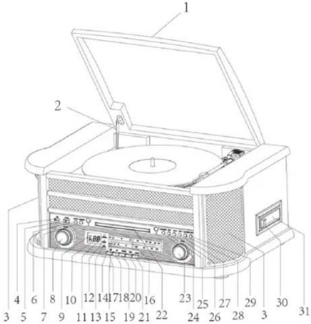 Technical diagram of a vintage gramophone with numbered parts for identification