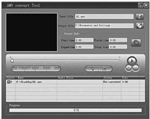 AMV convert Tool Input file: 01.mov Output file: C:\Documents and Settings Output Info Start time 0.00 Finish time 0.00 Elapsed time 0.00 Total time 0.00 Select Name Audio File Status Time F:\Flashfxy\01.mov Not converted 0:00 Progress... 0%