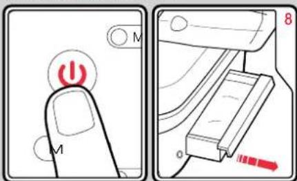 Diagram showing a finger pressing a button with a red indicator, alongside a close-up of the right-hand switch mechanism with a red arrow.