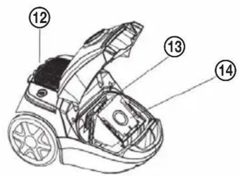 Technical diagram of a robotic device with numbered parts labeled 12, 13, and 14