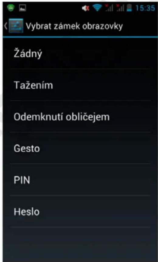 Vybrat zámek obrazovky Žádný Tažením Odemknutí obličejem Gesto PIN Heslo