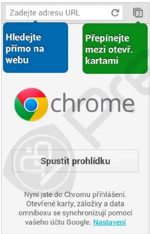 Zadejte adresu URL Hledejte prímo na webu Přepínejte mezi otevř. kartami chrome Spustit prohlídku Nyní jste do Chromu přihlášení. Otevřené karty, záložky a data omniboxu se synchronizují pomocí vašeho účtu Google. Nastavení