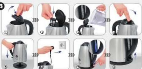 Step-by-step photo showing a hand pouring liquid into a kettle, with numbered instructions for each step.