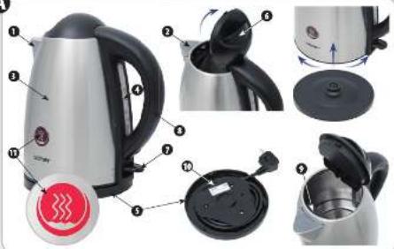 Exploded view diagram of a kettle with numbered parts and a warning icon highlighting a thermal hazard.