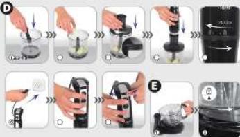 Step-by-step cooking process for a kitchen mixer, showing steps from mixing to cleaning and drying.