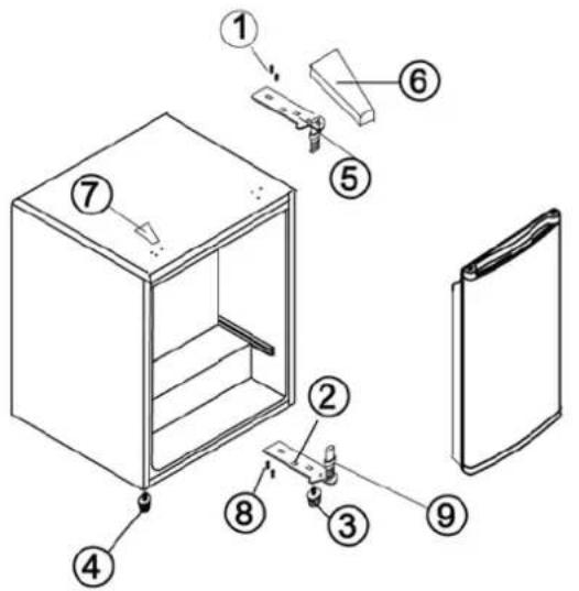 Exploded view diagram of a refrigerator with numbered parts for identification