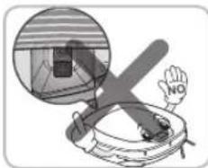 Safety warning illustration showing a hand holding a 'NO' sign with a crossed-out device and a magnified inset of a small structure.