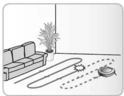 Interior scene showing a sofa, a potted plant, and a robotic vacuum cleaner with motion lines (no text or symbols)