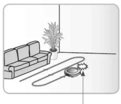 Interior scene with a sofa, a potted plant, and a circular street cleaning device (no text or symbols)
