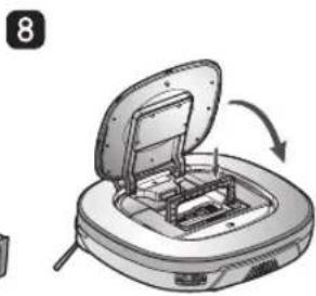 Diagram of a robotic vacuum cleaner with open lid and internal components, showing mechanical assembly (no text or symbols)