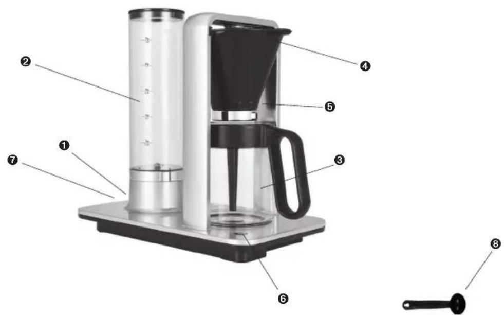 Labeled diagram of a coffee maker with numbered parts for identification