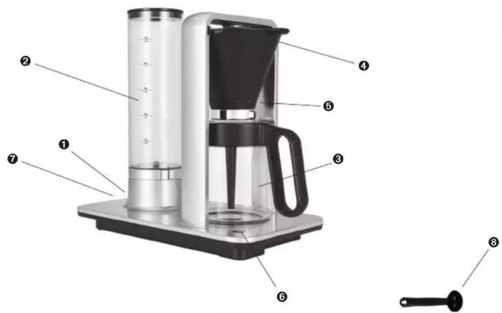 Labeled diagram of a coffee maker with numbered parts for identification