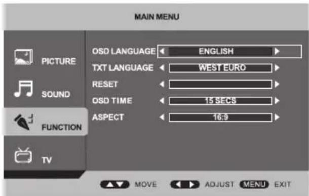MAIN MENU OSD LANGUAGE ENGLISH TXT LANGUAGE WEST EURO RESET OSD TIME 15 SECS ASPECT 16:9 PICTURE SOUND FUNCTION TV MOVE ADJUST MENU EXIT