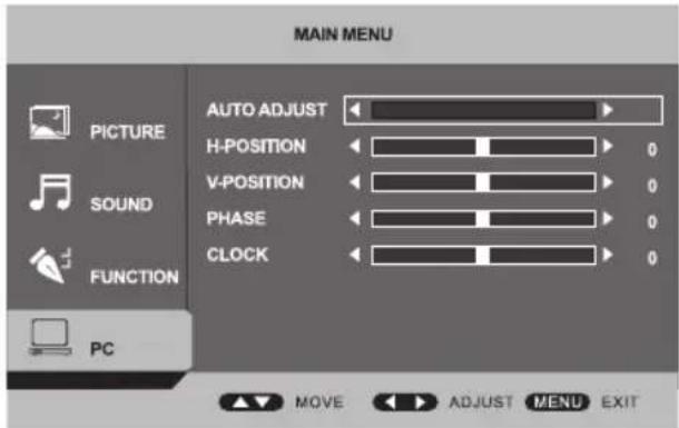 MAIN MENU PICTURE SOUND FUNCTION PC AUTO ADJUST H-POSITION V-POSITION PHASE CLOCK MOVE ADJUST MENU EXIT