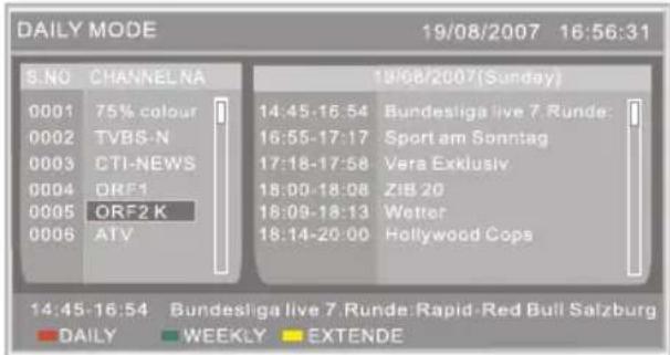 DAILY MODE 19/08/2007 16:56:31 S.NO CHANNEL NA 0001 75% colour 0002 TVBS-N 0003 CTI-NEWS 0004 ORF1 0005 ORF2 K 0006 ATV 19/08/2007(Sunday) 14:45-16:54 Bundesliga live 7. Runde: 16:55-17:17 Sport am Sonntag 17:18-17:58 Vera Exklusive 18:00-18:08 ZIB 20 18:09-18:13 Wetter 18:14-20:00 Hollywood Cops 14:45-16:54 Bundesliga live 7. Runde: Rapid-Red Bull Salzburg DAILY WEEKLY EXTENDE