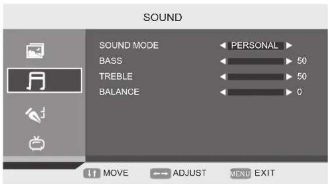 SOUND SOUND MODE BASS TREBLE BALANCE PERSONAL 50 50 0 MOVE ADJUST MENU EXIT
