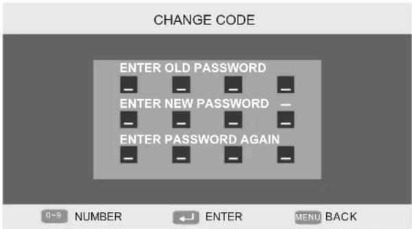 CHANGE CODE ENTER OLD PASSWORD — — — — ENTER NEW PASSWORD — — — — — ENTER PASSWORD AGAIN — — — — 0~9 NUMBER ← ENTER MENU BACK