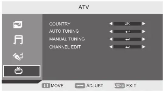 ATV COUNTRY AUTO TUNING MANUAL TUNING CHANNEL EDIT UK MOVE ADJUST MENU EXIT