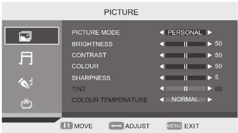 PICTURE PICTURE MODE BRIGHTNESS CONTRAST COLOUR SHARPNESS TINT COLOUR TEMPERATURE PERSONAL 50 50 50 5 50 NORMAL MOVE ADJUST MENU EXIT