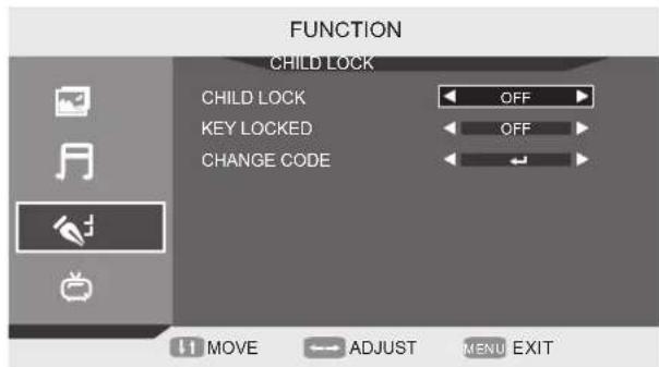 FUNCTION CHILD LOCK CHILD LOCK OFF KEY LOCKED OFF CHANGE CODE