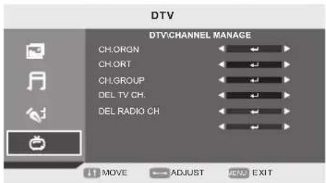 DTV DTV CHANNEL MANAGE CH.ORGN CH.ORT CH.GROUP DEL.TV CH. DEL.RADIO CH 11 MOVE ADJUST MENU EXIT