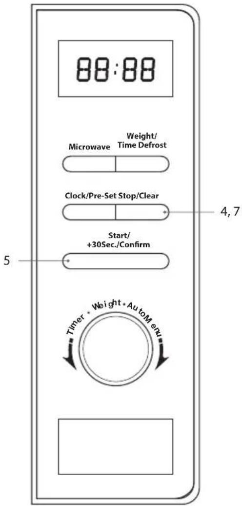 88:88 Microwave Weight/ Time Defrost Clock/Pre-Set Stop/Clear Start/ +30Sec./Confirm 4,7 5 Timer • Weight • AutoM etc