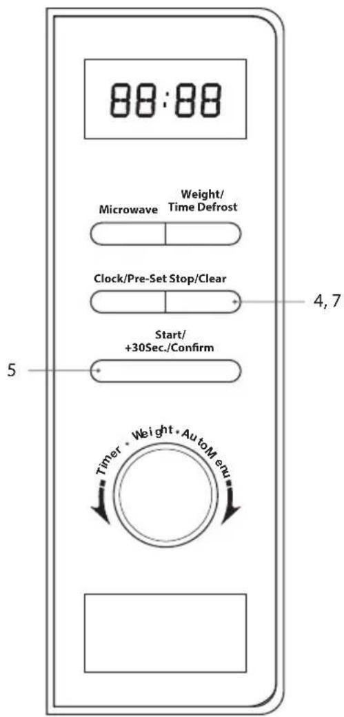 88:88 Microwave Weight/ Time Defrost Clock/Pre-Set Stop/Clear Start/ +30Sec./Confirm 4,7 5 Timer • Weight • AutoM etu