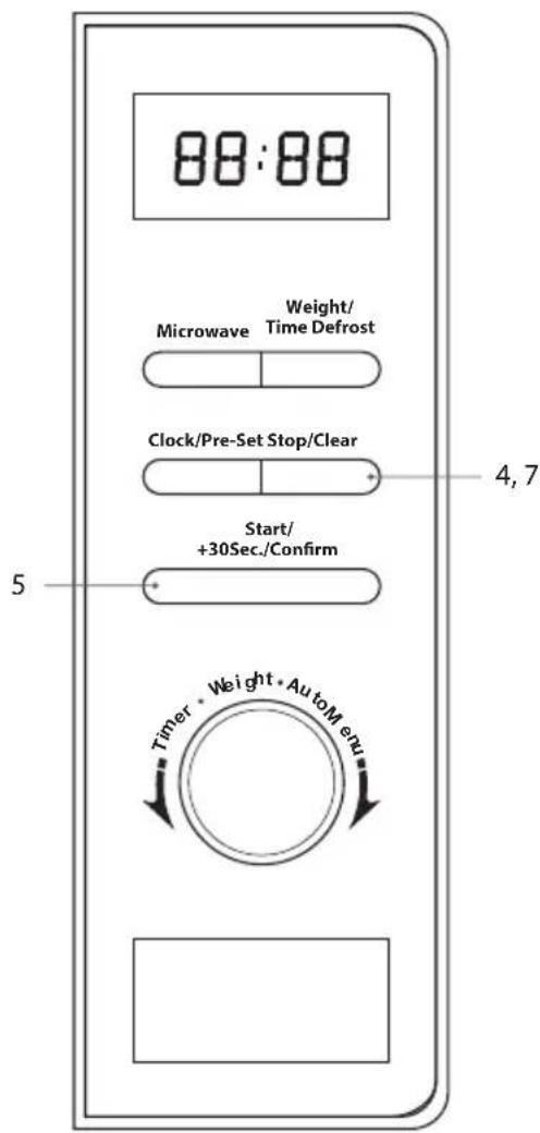 88:88 Microwave Weight/ Time Defrost Clock/Pre-Set Stop/Clear Start/ +30Sec./Confirm 4,7 5 Timer Weight AutoMenu
