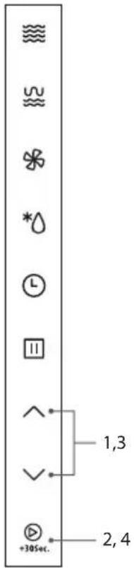 Diagram showing various control buttons and symbols with numerical labels 1,3 and 2,4, plus a +30sec. label
