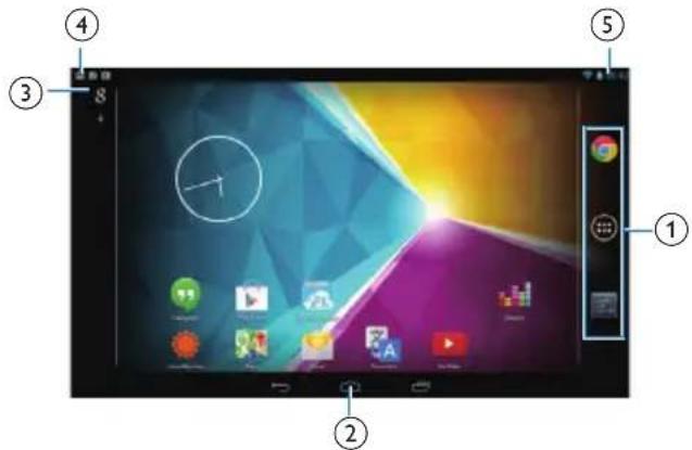 Screenshot of a desktop computer with labeled UI elements and navigation buttons, showing app icons and status bar.