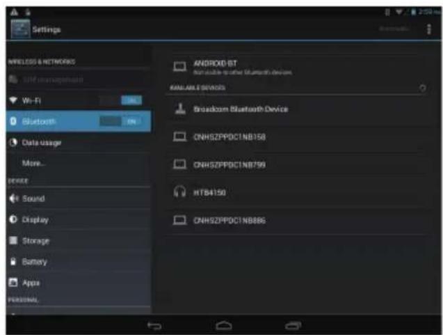 Settings WIRELESS & NETWORKS UNI management Wi-Fi Bluetooth Data usage More... Sense Sound Display Storage Battery Apps PERSONAL ANDROID:BT Non available to other Bluetooth devices MANUAL & SEVICES Broadcom Bluetooth Device CNHSZPPDC1NB358 CNHSZPPDC1NB759 HTB4150 CNHSZPPDC1NB886