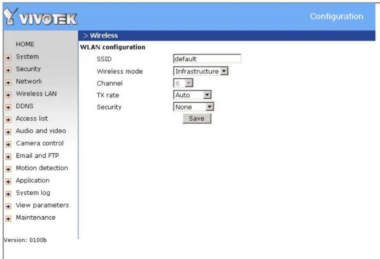 VIVOTEK Configuration HOME System Security Network Wireless LAN DDNS Access list Audio and video Camera control Email and FTP Motion detection Application System log View parameters Maintenance Version: 0100b > Wireless WLAN configuration SSID default Wireless mode Infrastructure Channel 6 TX rate Auto Security None Save