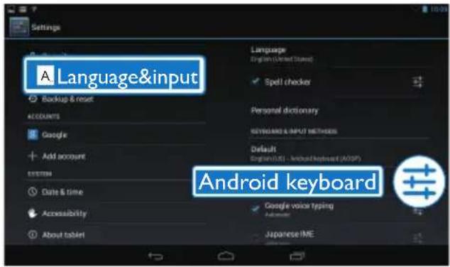 Settings Language English (Untitled Coded) Spell checker Personal dictionary KEYBOARD & INPUT METHODS Default English (UE) - Android keyboard (AUSP) Android keyboard Google voice typing Accessibility Japanese IME