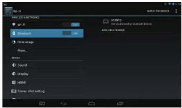 Wi-Fi WIRELESS & NETWORKS Wi-Fi Bluetooth Data usage More... DEPER Sound Display HDMI Screen shot setting P13910 Not available for Bluetooth devices AVAILABLE DEVICES
