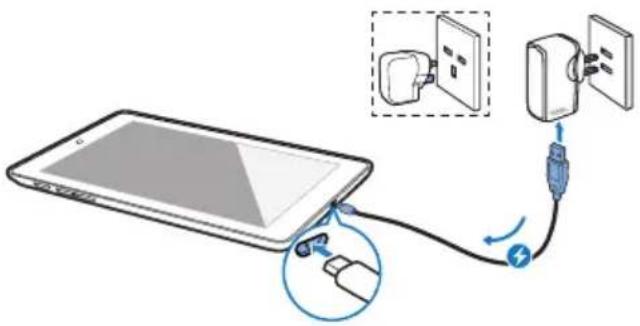 Diagram showing a hand inserting a plug into a tablet connected to a wall-mounted device, with an electrical outlet diagram nearby.