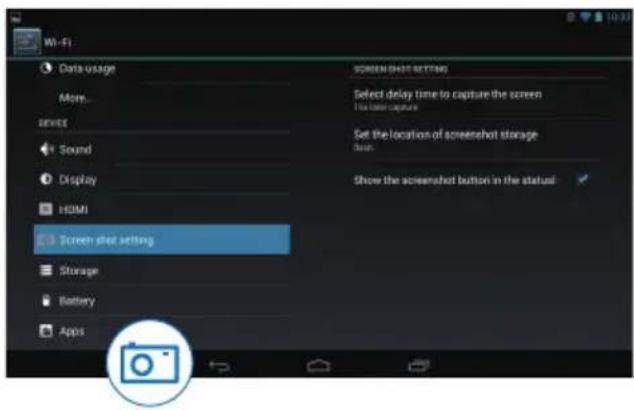 Wi-Fi Data usage More... DEVICE Sound Display HDMI Screen shot setting Storage Battery Apps SCREEN SHOT SETTING Select delay time to capture the screen Use laser capture Set the location of screenshot storage Bus. Show the screenshot button in the status