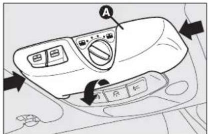 Diagram of a car air conditioner control panel with labeled buttons and directional arrows indicating airflow or movement.