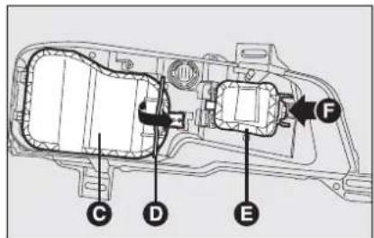Technical diagram of a mechanical assembly with labeled components C, D, E, and F