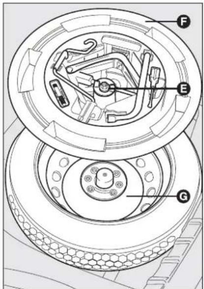 Technical diagram of a mechanical assembly with labeled components F, E, and G