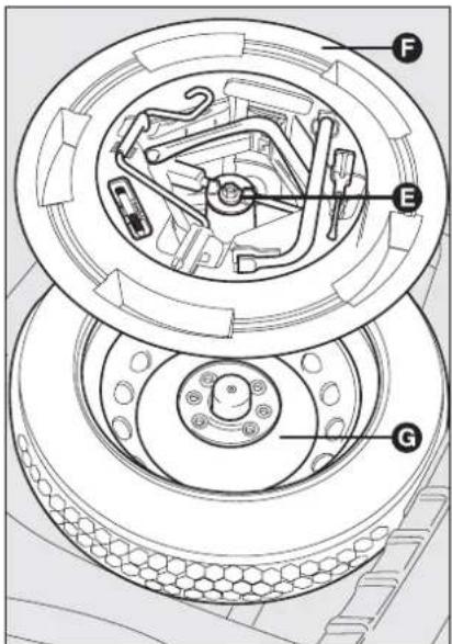 Technical diagram of a mechanical assembly with labeled components F, E, and G