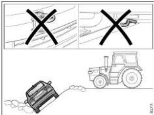 Diagram showing three scenarios: cross symbol, road sign, and tractor with a bucket, likely illustrating vehicle safety or hazard.