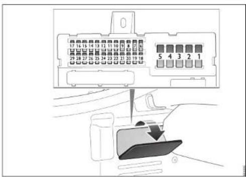 Diagram showing car rear panel layout with numbered compartments and a hand holding a vehicle component
